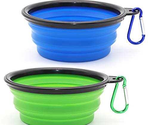 Dog Bowl Pet Collapsible Bowls, 2 Pack for Cats Dogs, Portable Pet Feeding Watering Dish for Walking Parking Traveling with 2 Carabiners (Small, Blue+Green)