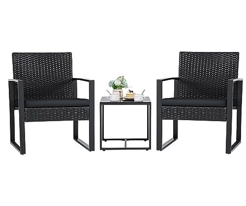 Flamaker 3 Pieces Patio Set Outdoor Wicker Furniture Sets Modern Rattan Chair Conversation Sets with Coffee Table for Yard and Bistro (Black)