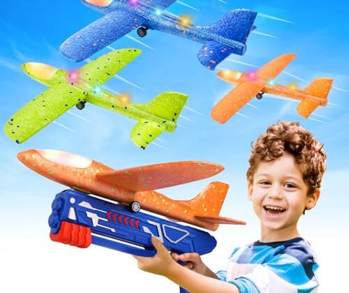 Fuwidvia 3 Pack Airplane Launcher Toys, 13.2'' LED Foam Glider Catapult Plane Toy for Boys, 2 Flight Modes Outdoor Flying Toys Birthday Gifts for Boys Girls 4 5 6 7 8 9 10 11 12 Year Old