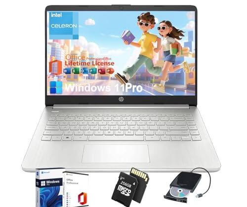 HP Student Business Laptop Computer - w/Microsoft Office Lifetime & Free CD/DVD Drive • 16GB RAM • 128GB eMMC & 256GB Extend Micro SD • Intel 4-Core Processor • HD Display • Win11 Pro(Silver)