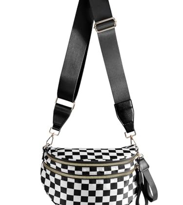 MEISEY Black and White Checkered Crossbody Bag Bum Bag for Women,Spacious Checkered Purse Fanny Packs Belt Bag Sling Bag with Shoulder Strap (Black and White Checkered)