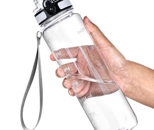 OLDLEY Water Bottle, 32oz Motivational Sports Water Bottle with Time Marker - Times to Drink - Tritan, BPA Free, Wide Mouth Leakproof, Clear (1 Bottle)