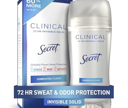 Secret Clinical Strength Antiperspirant Deodorant for Women, 3X Stress Protection, 72hr Sweat & Odor Protection, PH Balancing Minerals, Invisible Solid, Completely Clean Scent, 2.6 oz