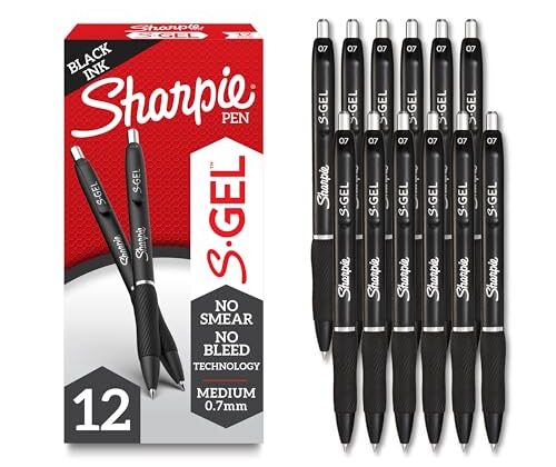 SHARPIE S-Gel, Gel Pens, Drawing Pens, Gel Ink Pens For Journaling, Writing Pens, Coloring Pens, Medium Point Pens (0.7Mm), Black Barrel, Black Gel Ink, 12 Count