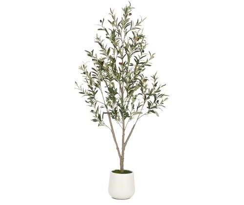 VIVATREES Olive Trees Artificial Indoor, 5FT Tall Faux Olive Tree with White Tall Planter, Artificial Plants with Natural Wood Trunk and Lifelike Fruits for Home Office Decor