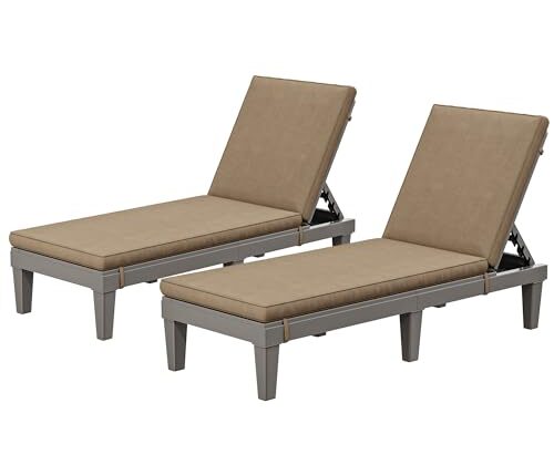 YITAHOME Outdoor Chaise Lounge Chair, Plastic Pool Chaise Lounge with Cushions & 5-Position Backrest, Easy Assembly & Waterproof for Patio & Poolside, Set of 2, Brown