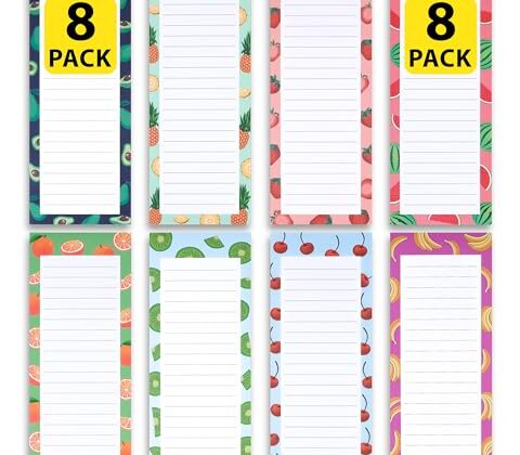 8 Magnetic Notepads – Notepads for Grocery List, Shopping List, To-Do List, Reminders -Strong Magnetic Back- Memo Notepad with Realistic Fruit Designs | 25 Sheets per Pad 7.5 x 3.5 inch (8 Pack)