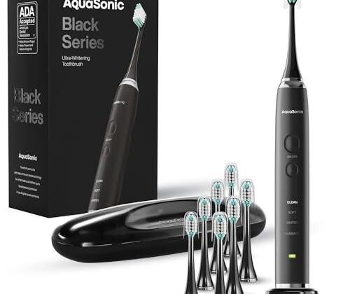 Aquasonic Black Series Ultra Whitening Toothbrush – ADA Accepted Electric Toothbrush- 8 Brush Heads & Travel Case – 40,000 VPM Electric Motor & Wireless Charging - 4 Modes w Smart Timer