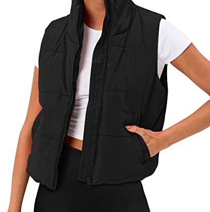 AUTOMET Puffer Vest Women Sleeveless Winter Cropped Outerwear Warm Puffer Lightweight Stand-up Collar Down with Pockets Black S