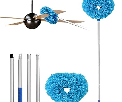 Ceiling Fan Cleaner Duster Reusable Microfiber Ceiling Fan Blade Cleaner Removable Duster with Extension Pole Adjusts 13 to 49.7 Inch for Cleaning Walls Bookshelves Furniture Door Window Top (Blue)