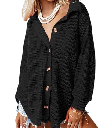 Dokotoo Women Waffle Knit Fall Tops 2024 Womens Fashion Solid Color Oversized Long Sleeve Fall Jacket Button Up Pockets Shirts Ladies Loose Fit Black Shacket Tunic Blouses Y2K Clothes XX-Large