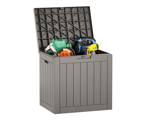 EAST OAK Outdoor Storage Box, 31 Gallon Deck Box Indoor and Outdoor Use, Waterproof Resin Storage Bin for Package Delivery, Patio Cushions, Gardening Tools, Lockable, UV Resistant, Grey