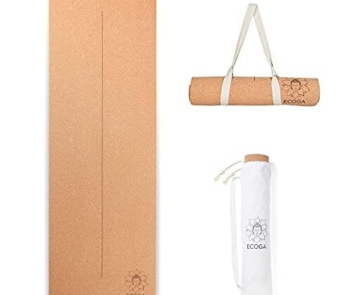 ECOGA Premium Cork Yoga Mat With Alignment Marks - 5mm Thick Non Slip Hot Yoga Mat - Eco-friendly Non Toxic - Includes Strap and Bag
