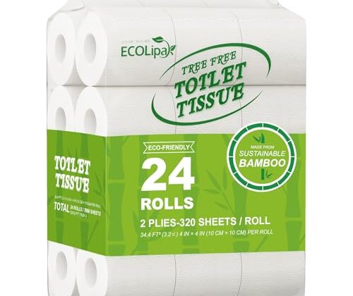 ECOLipak Bamboo Toilet Paper, Septic Safe Toilet Tissue, 24 Double Rolls, 320 Sheets Per Roll, Tree Free, Non Toxic, 2 Ply, Soft and Absorbent, Eco Friendly Dye-Free Paper