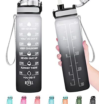 Enerbone 32 oz Water Bottle, Leakproof BPA & Toxic Free, Motivational Water Bottle with Times to Drink and Straw, Fitness Sports Water Bottle with Strap for Office, Gym, Outdoor Sports, Gray-Black