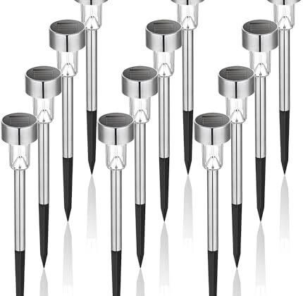 GIGALUMI Solar Lights Outdoor Waterproof, 12 Pack, Stainless Steel LED Solar Garden Lights for Patio, Lawn, Yard and Landscape, Cold White