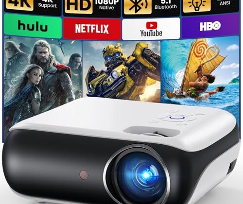 HAPPRUN Native 1080P Bluetooth Projector, Full HD Portable Outdoor Movie Projector with Built-in Speaker, Compatible with Smartphone, HDMI, USB, AV, Fire Stick, PS5 for Home, Bedroom, Outdoor Use