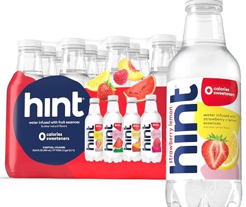 Hint Water Red Variety Pack, 3 Bottles Each of: Peach, Raspberry, Watermelon, and Strawberry Lemon, Zero Calories, Zero Sugar and Zero Sweeteners, 16 Fl Oz (Pack of 12)