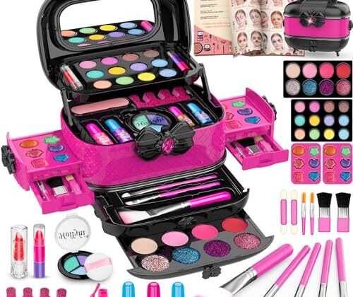 Hollyhi 58 Pcs Kids Makeup Kit for Girl, Princess Toys Real Washable Cosmetic Set with Mirror, Kids Makeup Sets for Girls, Play Make Up Birthday Gifts for 3 4 5 6 7 8 9 10 11 12 Years Old Kid (Rose)