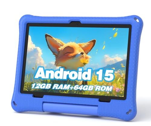 Kids Tablet, 10.1 Inch Android 15 Tablet for Kids, 12GB+64GB, Octa-Core, 6000mAh Battery, WiFi 6, Pre-Installed Kids Apps, Parental Control, with EVA Protective Case – Ideal Gift for Toddler (Blue)