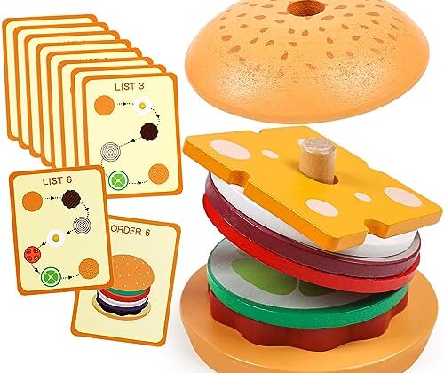 Kizh Wooden Burger Sorting Stacking Toy for Toddlers - Preschool Montessori Educational Fine Motor Toys for Kids Boys Girls