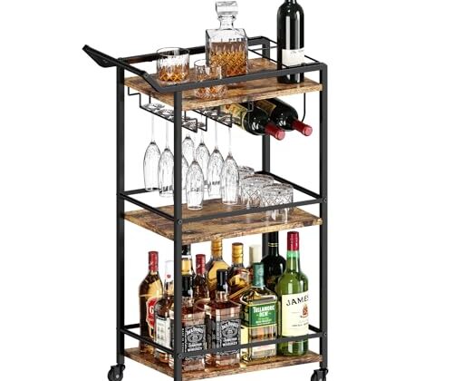 LOTEYIKE 3 Tier Bar Cart, Mini Liquor Utility Cart for Wine Beverage Dinner Party, Rolling Wine Coffee Drink Serving Cart with Lockable Wheels for Home Kitchen Bars (Rustic Brown)