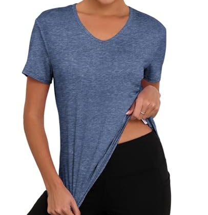 Mazulun V Neck Workout Tops for Women UPF 50+ Breathable Loose Fit Short Sleeve Tee Shirt Yoga Gym Basic T Shirts Dark Blue L