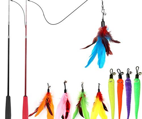 MeoHui Interactive Cat Toys - Retractable Wand Toy and Feather Toys Refills for Indoor Cats to Chase and Exercise