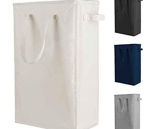 Odonata Slim Laundry Hamper Handles Collapsible Laundry Basket Thin Dirty Clothes Basket Narrow Laundry Bag Foldable Dirty Hamper 45L (Beige)