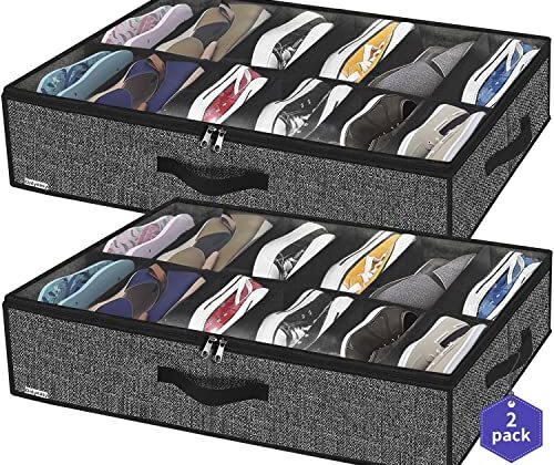 Onlyeasy Sturdy Under Bed Shoe Storage Organizer, Set of 2, Fit 12 to 24 Pairs, Underbed Shoes Closet Storage Solution with Clear Window, Breathable, L29.3"x W23.6"x H5.9", Linen-like Black, MXAUBSB2P