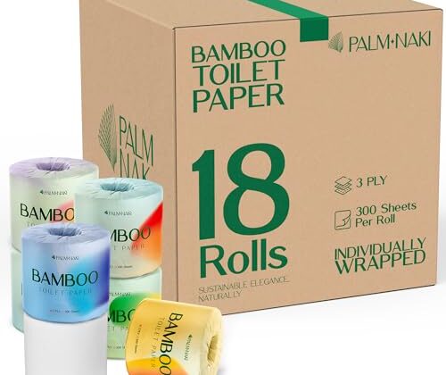 Premium Bamboo Toilet Paper | 3-Ply Toilet Tissue – Soft & Sustainable | No Fragrance, No BPA, No PFAS – Lint-Free | Septic Safe & Dissolves Fast | 18 Rolls (300 Sheets/Roll) | PALM NAKI