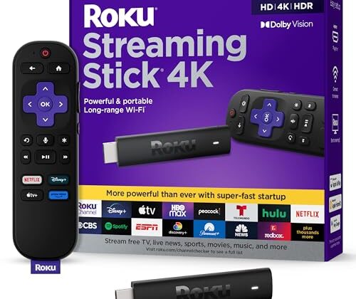 Roku Streaming Stick 4K - HDR & Dolby Vision Roku Streaming Device for TV with Voice Remote & Long-Range Wi-Fi - Free & Live TV