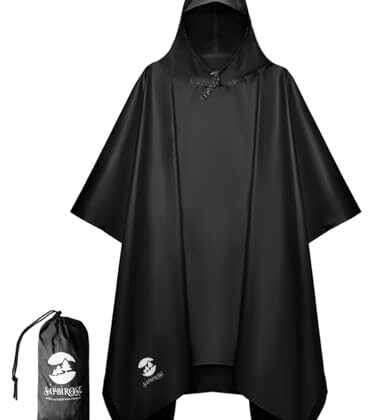 SaphiRose Hooded Rain Poncho Waterproof Raincoat Jacket for Men Women Adults (Black)