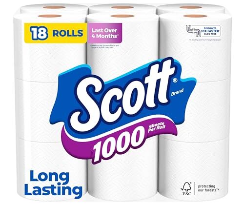 Scott 1000 Toilet Paper, 18 Rolls, Septic-Safe, 1-Ply Toilet Tissue