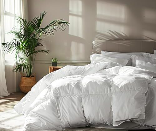 Serta Goose Feather Down Fiber Cotton Comforter Queen Size - 100% Cotton Duvet Insert - Hotel Luxury Hypoallergenic Bedding Comforter All Season Medium Warmth 90 x 90 Inch White
