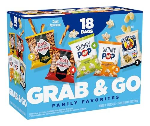 SkinnyPop Family Favorites Multipack, SkinnyPop Original and White Cheddar Popcorn, Dot's Original and Honey Mustard Pretzels, Pirate's Booty, On-the-Go Snacks, 0.5oz and 1oz Bags (18 Count)