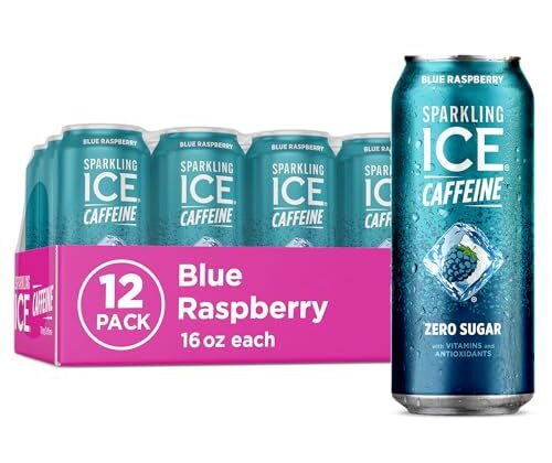 Sparkling Ice Caffeine Blue Raspberry Sparkling Water with Caffeine, Zero Sugar, with Antioxidants and Vitamins,16 fl oz Cans (Pack Of 12)