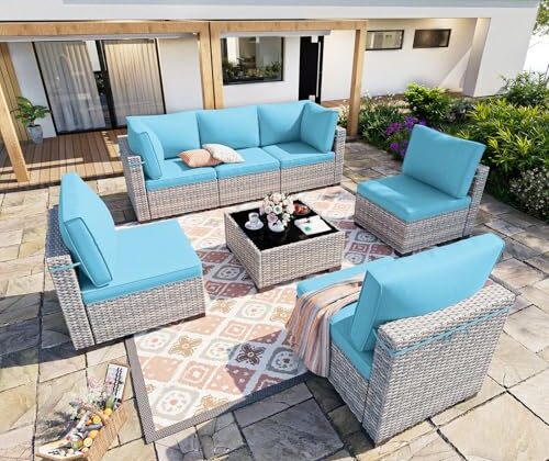 Sweecci 7-Piece Patio Furniture Set, Outdoor Sectional with Thick Cushions, Modular Patio Sofa, Dual-Strand Wicker Rattan, Rust-Resistant Frame, Backyard Furniture for Garden, Deck, Lake Blue