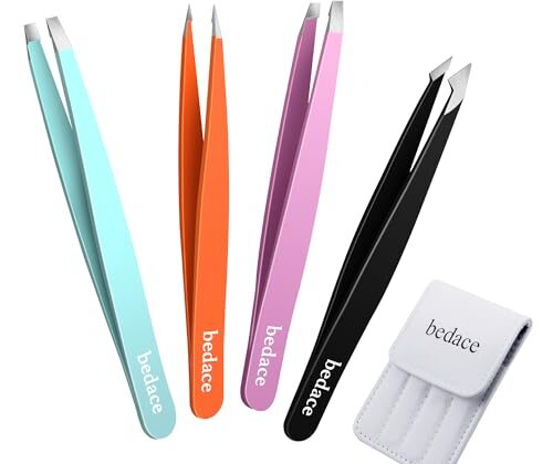 Tweezers for Women Facial Hair,Stocking Stuffers 4 Pack Tweezers for Eyebrows,Tweezer Set for Ingrown Hair, Plucking Daily Beauty Tool with Leather Travel Case for Gifts