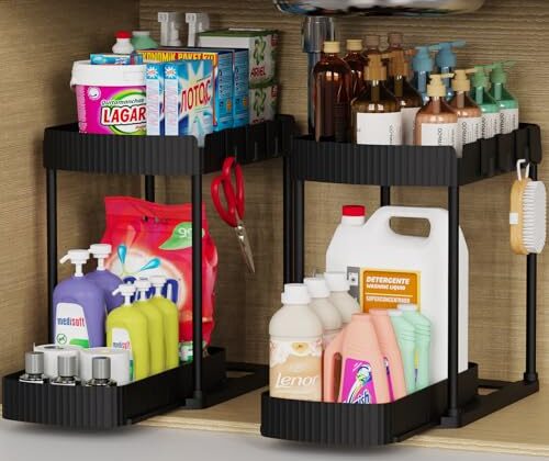 Ukeetap 2 Pack Multi-Purpose Pull-Out Storage Organizers, Under Sink Organizers and Storage for Bathroom & Kitchen, Under Cabinet Organizers and storage, 12.8 Inch, Black