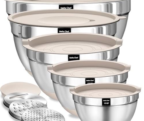 Umite Chef Mixing Bowls with Airtight Lids Set, 8PCS Stainless Steel Khaki Nesting Bowls with Grater Attachments, Kitchen Bowls with Non-Slip Bottoms, Size 5, 4, 3.5, 2, 1.5QT for Mixing & Serving