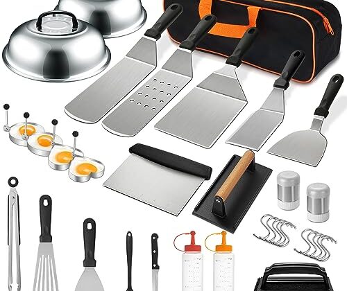 35PCS Griddle Accessories Kit, Flat Top Grill Accessories Set for Blackstone and Camp Chef, Grill Spatula Set with Enlarged Spatulas, Basting Cover, Scraper for Outdoor Barbecue