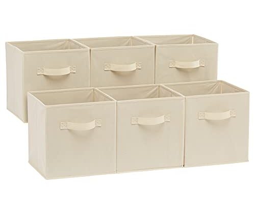 Amazon Basics Collapsible Fabric Storage Cubes Organizer with Handles, Sturdy, Beige, 10.5-x-10.5-x-11-inch, Pack of 6