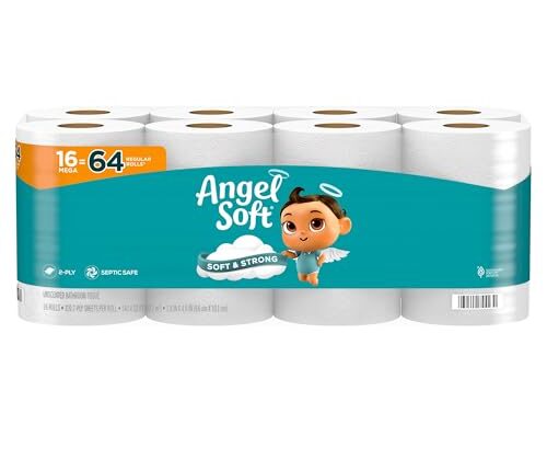Angel Soft Toilet Paper, 16 Mega Rolls = 64 Regular Rolls, Soft and Strong Toilet Tissue