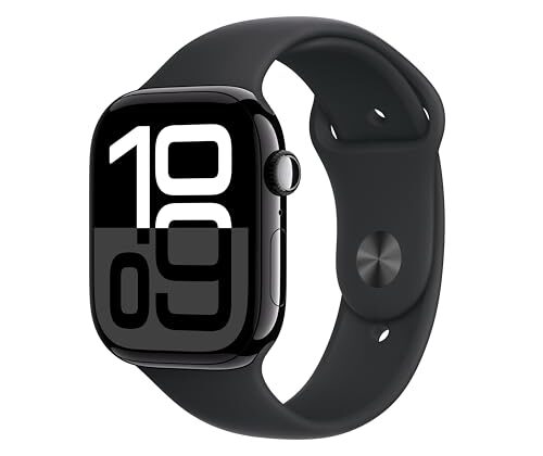 Apple Watch Series 10 [GPS 46mm case] Smartwatch with Jet Black Aluminium Case with Black Sport Band - M/L. Fitness Tracker, ECG App, Always-On Retina Display, Water Resistant