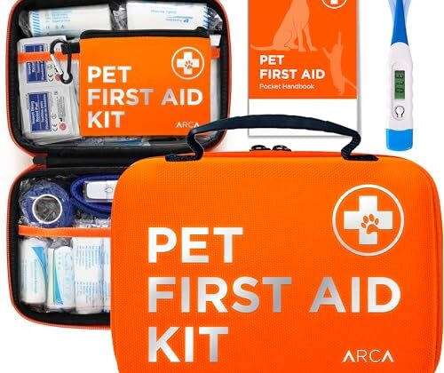 ARCA PET Cat & Dog First Aid Kit for Car - Pet Emergency Kit for Home Office Travel – Dog Camping Essentials with Digital Thermometer, Muzzle & Mini First Aid Pouch