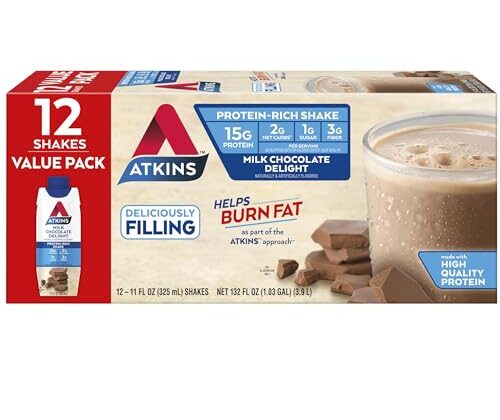 Atkins Milk Chocolate Delight High Protein Shake, 15g Protein, Low Glycemic , 2g Net Carb, 1g Sugar, Keto Friendly , Chocolate Flavored Protein Shakes, 12 Count