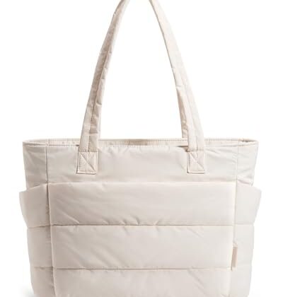 BAGSMART Tote Bag for Women, Lightweight Puffy Tote Bag with Compartments Shoulder Bag Handbag Quilted Shoulder Bag Handbag for Travel, Work, Beach, Gym, Shop(Beige)