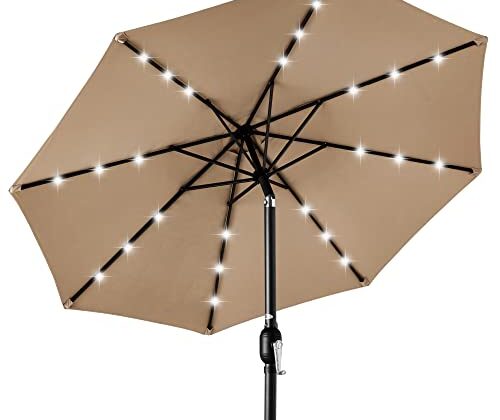 Best Choice Products 10ft Solar Polyester LED Lighted Patio Umbrella w/Tilt Adjustment and UV-Resistant Fabric - Tan