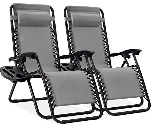 Best Choice Products Set of 2 Adjustable Steel Mesh Zero Gravity Lounge Chair Recliners w/Pillows and Cup Holder Trays - Ice Gray